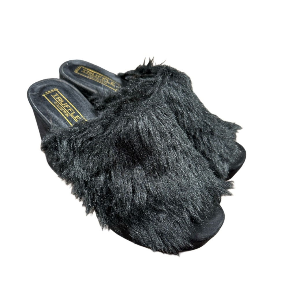 Truffle Collection Black Faux Fur Platform Slides
